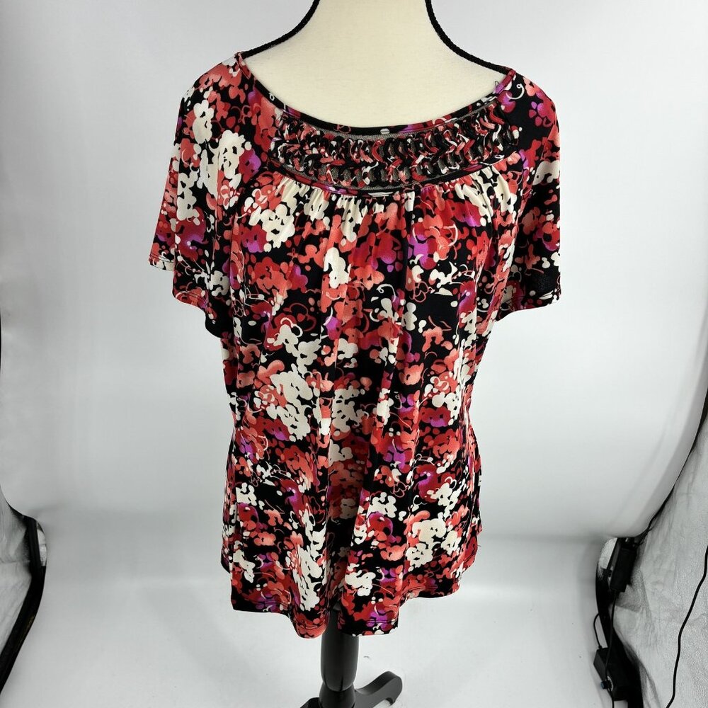 East 5th Women's XL Floral Blouse Top Red Pink White Black Short Sleeve Ruched